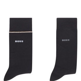 Hugo Boss black socks two-pack with silver logo branding, one pair with striped cuff trim, cotton-blend fabric