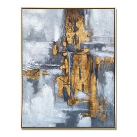 Mindy Browne Lyra Wall Art in grey and gold, abstract oil painting on canvas with gold leaf detailing in a gold frame