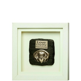 Genesis Claddagh Framed Bronze Plaque in cream wood frame, featuring dark textured plaque with Claddagh symbol and Love Loyalty Friendship text