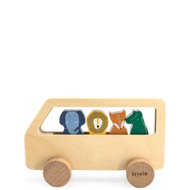 Trixie Wooden Animal Bus Toy in natural beech wood with four colourful animal character passengers including elephant, lion, fox and crocodile