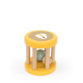 Trixie Mr. Lion Wooden Rolling Rattle in yellow with natural beech wood pillars and mint green rolling bead inside
