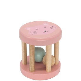 Trixie Mrs. Cat Wooden Rolling Rattle in pink with beech wood spindles and mint ball bead inside