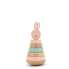 Trixie Mrs. Rabbit Wooden Stacking Toy in pink, mint and natural beech wood with six graduated rings and bunny topper