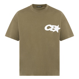 Cole Buxton khaki cotton T-shirt with white CB star logo print on chest, crew neck and short sleeves
