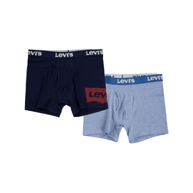 Levi's Two-Pack Batwing Logo Boxer Briefs in blue, navy and grey-blue, with branded elasticated waistband and red logo print