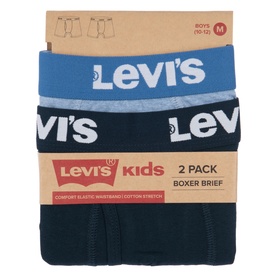Levi's Two-Pack Batwing Logo Boxer Briefs in blue, elasticated logo waistband, cotton stretch, boys 10&ndash;12, packaged set