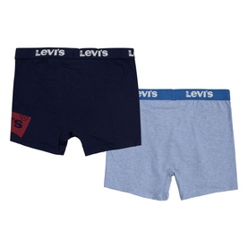 Levi's Two-Pack Batwing Logo Boxer Briefs in blue, showing navy and grey marl styles with branded elasticated waistbands and logo print