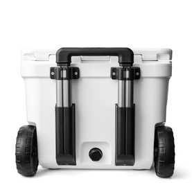 Yeti Roadie&reg; 32 Wheeled Cooler Box in white, rear view showing retractable periscope handle, NeverFlat wheels, and drain plug