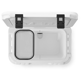 Yeti Roadie&reg; 32 Wheeled Cooler Box in White, open top-down view showing interior and drain plug detail, black latches visible