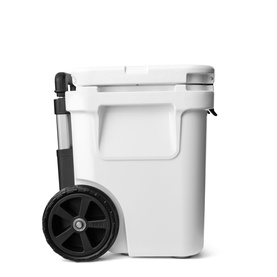 Yeti Roadie&reg; 32 Wheeled Cooler Box in white with retractable periscope handle extended and large puncture-resistant wheels visible