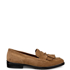 Ecco Dress Classic 15 Slip-On Shoes in brown suede leather with tassel detail and brogue perforations, black sole