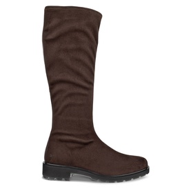 Ecco Metropole Vienna Knee-High Boots in brown, stretch textile upper, pull-on style, black lightweight PU sole, side profile view