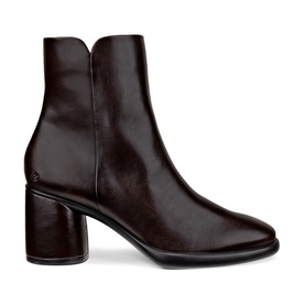 Ecco Sculpted LX 55 Patent Ankle Boots in brown leather, sculptural block heel, scallop collar, side zip, rubber tread outsole