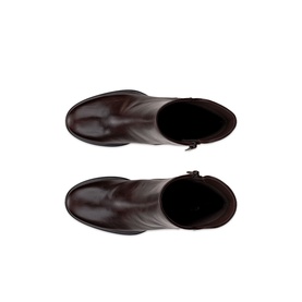 Ecco Sculpted LX 55 Patent Ankle Boots in brown leather, overhead view showing scallop collar and side zip detail