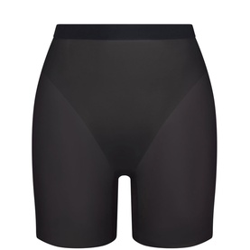 Spanx Supersmooth&trade; SheerSense Mid-Thigh Shorts in black, mid-rise with bonded no-show edges and sheer lightweight fabric