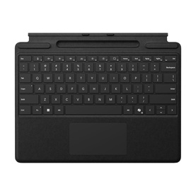 Microsoft Surface Pro Keyboard with Slim Pen Storage in black, full QWERTY layout with integrated pen slot, top-down view
