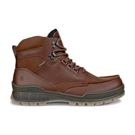 Ecco Track 25 Boots in brown oiled nubuck leather, lace-up style with moc toe, padded collar, and chunky rubber sole with mudguard
