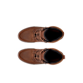 Ecco Track 25 Boots in brown oiled nubuck leather, overhead view showing lace-up detail and padded collar on both boots