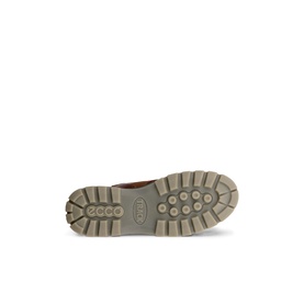 Ecco Track 25 Boots brown sole view, showing chunky ridged rubber outsole with embossed Ecco branding and multi-directional tread pattern