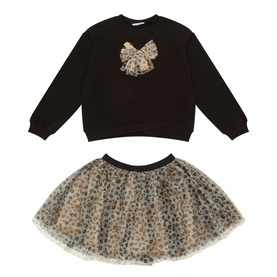 Two-Piece Bow-Detail Sweatshirt & Leopard Print Skirt Set