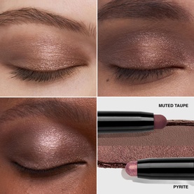 Bobbi Brown Dual-Ended Long-Wear Cream Shadow Stick in Pyrite and Muted Taupe, shown with close-up eye swatches of both shades