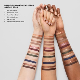 Bobbi Brown Dual-Ended Long-Wear Cream Shadow Stick swatches in 8 shades across three model arms, showing Pyrite/Muted Taupe and other colours