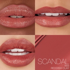 NARS Explicit Lipstick in Scandal, a reddish clay nude-mauve shade, shown in three lip swatch close-ups with product bullet detail