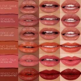 NARS Explicit Lipstick shade swatch grid showing six shades on lips: Love Game, Scandal, Spice Up, No Shame, Dirty Talk, Rendez-Vous