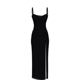 House of CB Lini Mesh Dress in black, maxi length with ruched detailing, side split, adjustable shoulder straps and sculpting silhouette