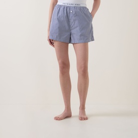 Model wearing Polo nightwear shorts in Hydrangea and Beacon Blue stripe, cotton with logo elastic waistband, styled barefoot