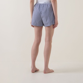 Model wearing Polo nightwear shorts in Hydrangea and Beacon Blue, 100% cotton with branded elasticated waistband, rear view.