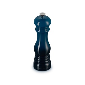 Le Creuset Classic Pepper Mill in blue ABS plastic with embossed silver metal knob, hourglass silhouette and glossy finish