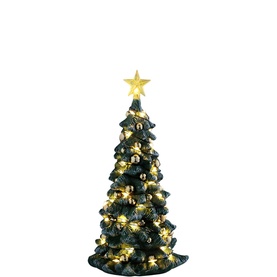 Lemax Snowy Christmas Tree Figurine with LED lights, gold-tone baubles, star topper, and warm glowing illumination on dark green resin tree