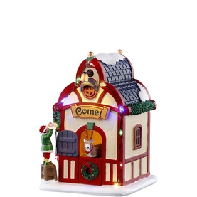 Lemax Comet's Den AC Adaptable Set, multicoloured LED-lit reindeer stable with elf figure, wreath, and festive detailing