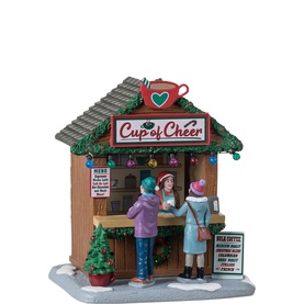 Lemax Cup Of Cheer Christmas Figurine, multicoloured resin coffee kiosk scene with townsfolk, festive detailing, for Christmas village displays