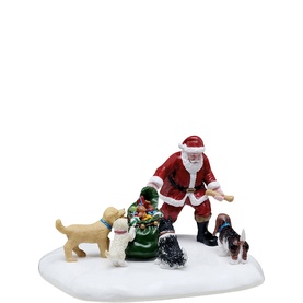 Lemax Dog Park Christmas Figurine, resin set depicting Santa handing toys to dogs on a snow base, multicoloured festive detailing
