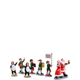 Lemax Santa's Elf Parade Christmas Figurine Set of Seven, multicoloured resin figures including Santa, elves and penguins in festive parade scene
