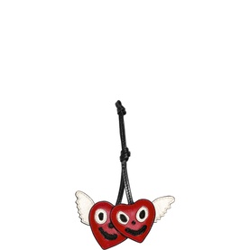 Zadig Love Cherry Vintage Charm in red patent leather, twin heart design with white wings and smiling faces, black cord attachment