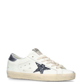 Golden Goose Super-Star 12282 Trainers in white leather, low-top with navy glitter star, distressed cream sole