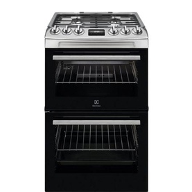 Electrolux 55cm Freestanding Natural Gas Cooker in silver with 4 gas burners, digital display, and two black-interior ovens with wire racks