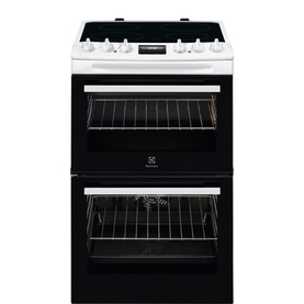 Electrolux 55cm Electric Cooker in white with black double oven, ceramic hob, and chrome wire shelves visible through glass doors