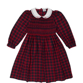 Little Larks Rachel Smocked Check Dress in red and navy check with white Peter Pan collar, smocked bodice, long sleeves and pleated skirt