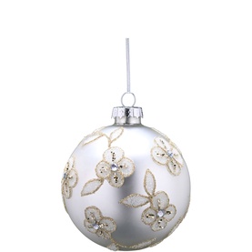 Festive Productions Glitter Flower Round Glass Tree Decoration, silver matte bauble with glitter floral embellishments and hanging loop