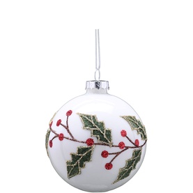 Festive Productions Classic Round Glass Tree Decoration, white bauble with glittered holly leaves and red berry detail, shiny finish