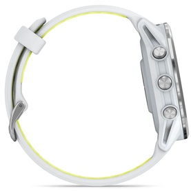 Garmin smartwatch with white and lime green silicone strap, silver-tone case and buttons, side profile view