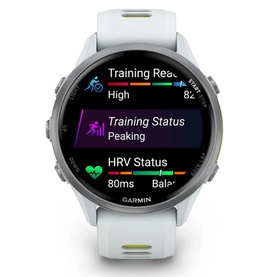 Garmin smartwatch in white with silver case, displaying Training Status and HRV metrics on a dark touchscreen interface.