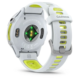 Garmin Forerunner 965 smartwatch rear view, white and yellow silicone band, showing heart rate sensor and charging contacts