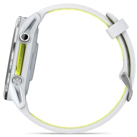 Garmin smartwatch in silver with white and neon yellow silicone strap, side profile view showing crown and casing detail