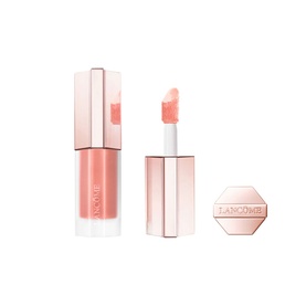 Lanc&ocirc;me Skin Id&ocirc;le Juicy Liquid Blush in peach-pink, shown with open applicator wand and closed bottle in rose gold hexagonal packaging