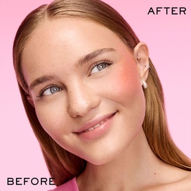Model with Lanc&ocirc;me Skin Id&ocirc;le Juicy Liquid Blush shown in before and after split, demonstrating a rosy pink flush on cheeks